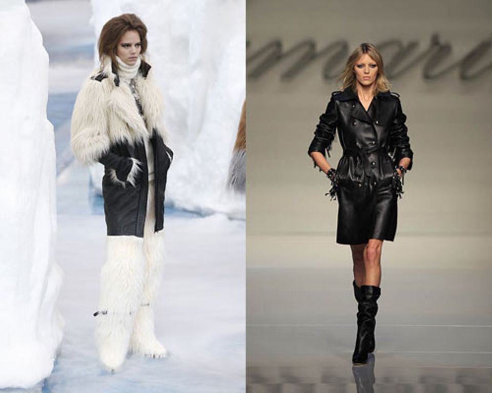 Fake-Fur kommt: Der Look von Chanel (links). Leder bleibt: Hier bei Blumarine.