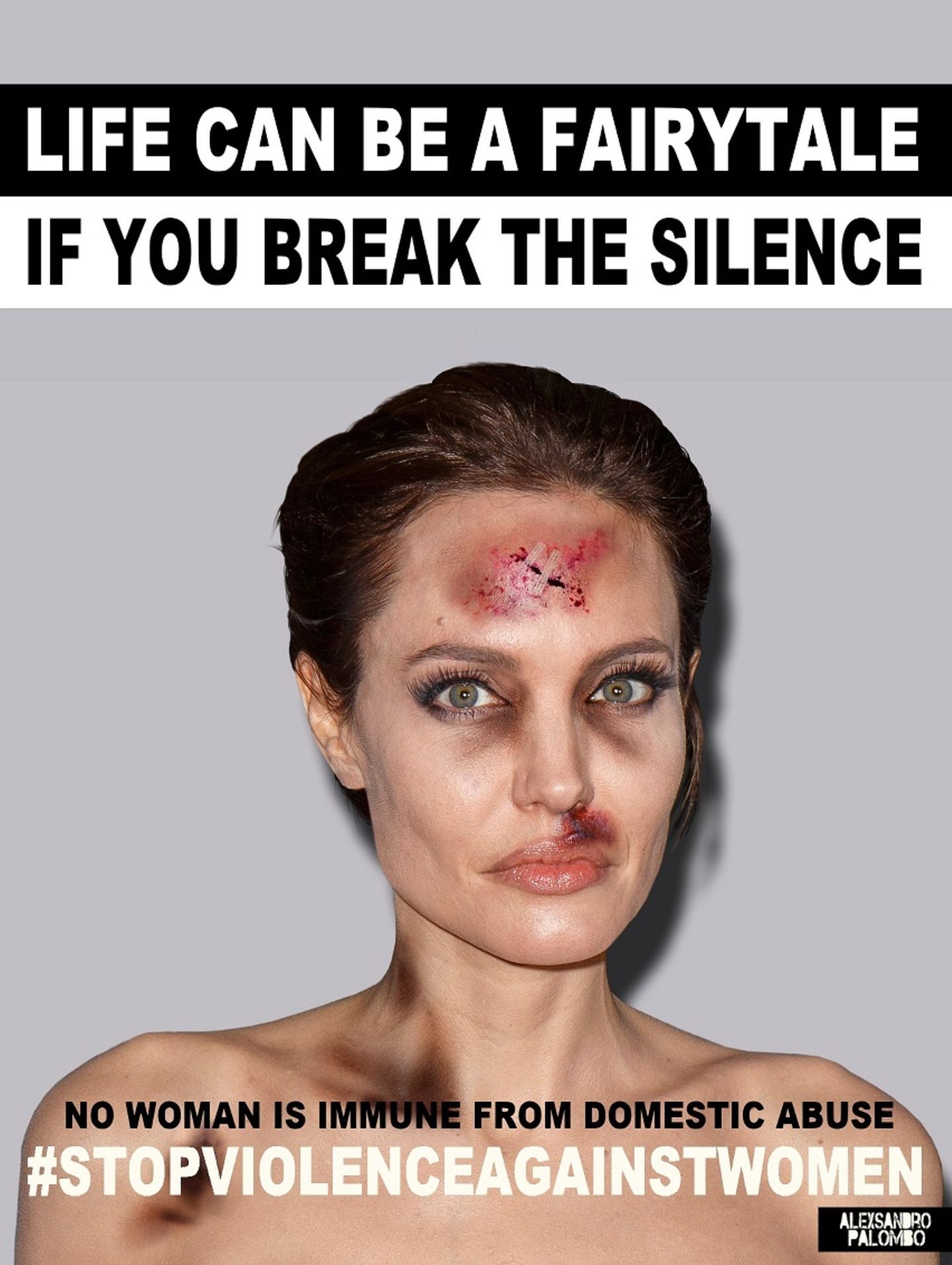 Häusliche Gewalt gegen Frauen passiert jeden Tag, auf der ganzen Welt - und leider oft genau dort, wo wir es am wenigsten vermuten würden. Der italienische Künstler und Aktivist Alexsandro Palombo hat sich schon mehrfach mit diesem bedrückenden Thema auseinandergesetzt. Im vorigen Jahr inszenierte er beliebte Comicfiguren als Opfer häuslicher Gewalt, in einer neuen Serie hat er Fotos berühmter Frauen wie Angelina Jolie (siehe oben) oder Madonna per digitaler Bildbearbeitung übel zugerichtet. Palombo hat die Bilder unter dem Titel "Das Leben kann ein Märchen sein, wenn du das Schweigen brichst" veröffentlicht - und spricht damit direkt das größte Problem bei häuslicher Gewalt an. Denn gerade weil Gewalt gegen Frauen so häufig im Familien- oder Bekanntenkreis passiert, trauen sich viele Opfer nicht, darüber zu sprechen und den Täter anzuzeigen. Dementsprechend hoch ist auch die Dunkelziffer. Allein in Deutschland hat jede vierte Frau im Alter von 16 bis 85 Jahren mindestens einmal in ihrem Leben körperliche und/oder sexuelle Gewalt durch Beziehungspartner/-innen erlebt. Umso wichtiger ist es, die Menschen für dieses Thema zu sensibilisieren, findet Alexsandro Palombo. "Häusliche Gewalt ist ein sozialer Krebs, der keine Grenzen kennt." Es könne jeden treffen - "ob du eine gewöhnliche Person bist oder ein Star." Deswegen teilt er seine Bilder in sozialen Netzwerken - und hofft, damit mehr Frauen zu ermutigen, ihr Schweigen zu brechen.