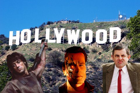 Hollywood-Stars Silvester Stallone, Arnold Schwarzenegger, Rowan Atkinson