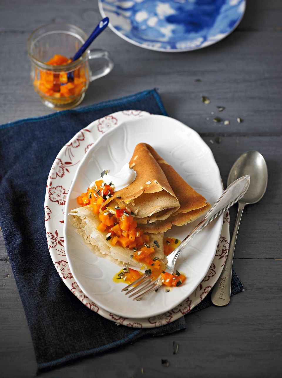 Blini with butternut pumpkin compote