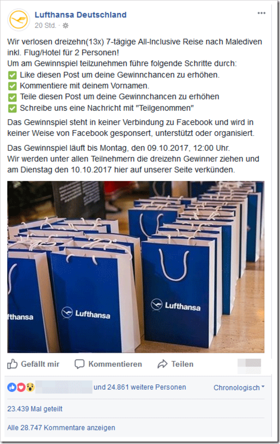 Vorsicht, Falle: Die Lufthansa verlost auf Facebook KEINE Malediven-Reise!