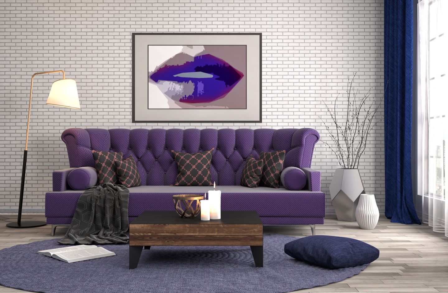 Wohnzimmer in Violett und Lila