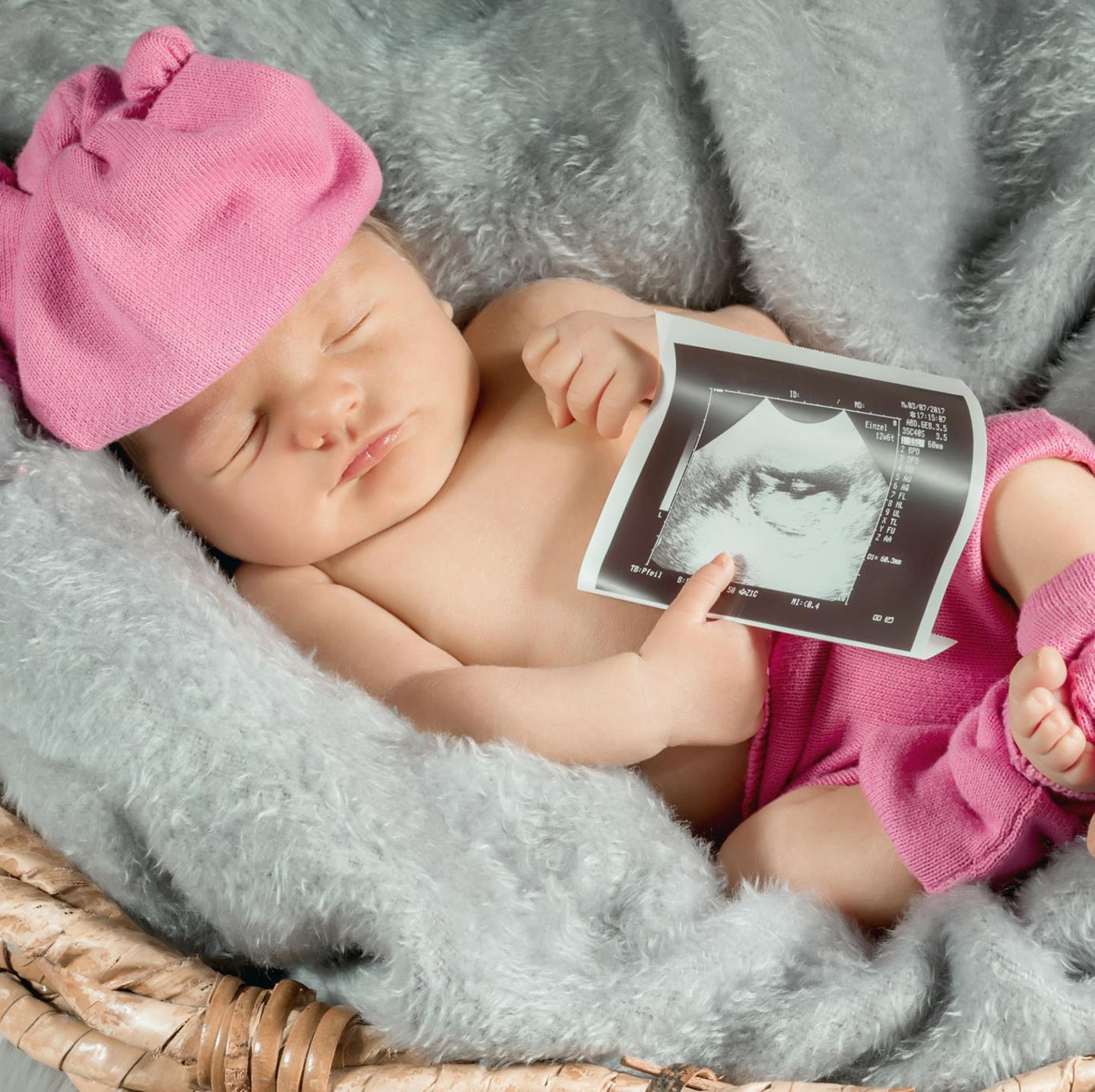 Schlafendes Neugeborenes mit Ultraschallbild in der Hand drapiert.