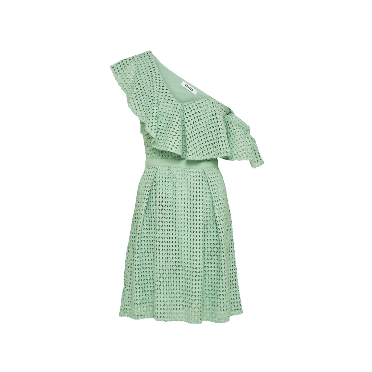 Grünes Kleid mit Lock-Optik und Taillenband. Von Edited, circa 100 Euro.