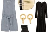 Longwesten stylen: Graue Weste, goldene Tasche, schwarzes Kleid, schwarze Stiefeletten, goldene Ohrringe