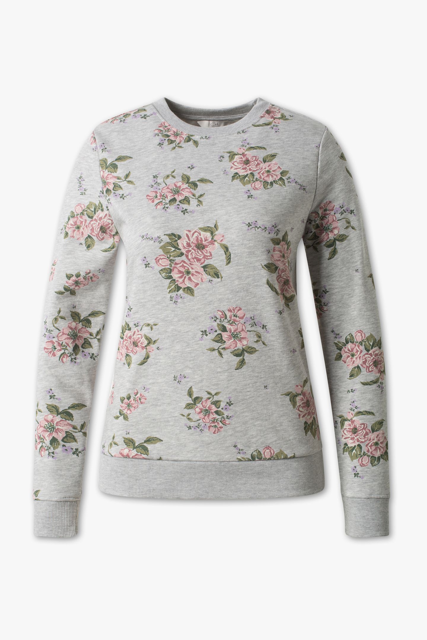Neu in den Shops im Januar: Grauer Pullover mit Blumen-Print