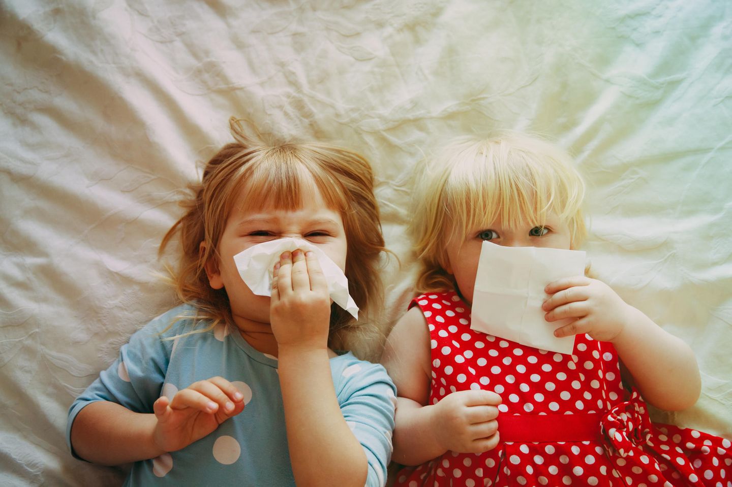 Nase putzen lernen: zwei Kinder mit Taschentüchern auf Bett liegend