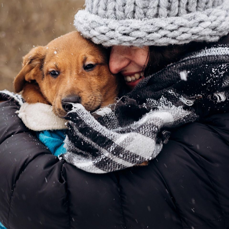Tipps bei Kälte: Eine Frau knuddelt ihren Hund