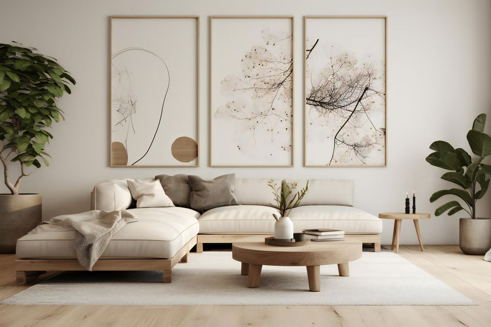 Wandgestaltung Wohnzimmer - die schönsten Ideen: beige Couch vor einer Wand mit gerahmten Postern