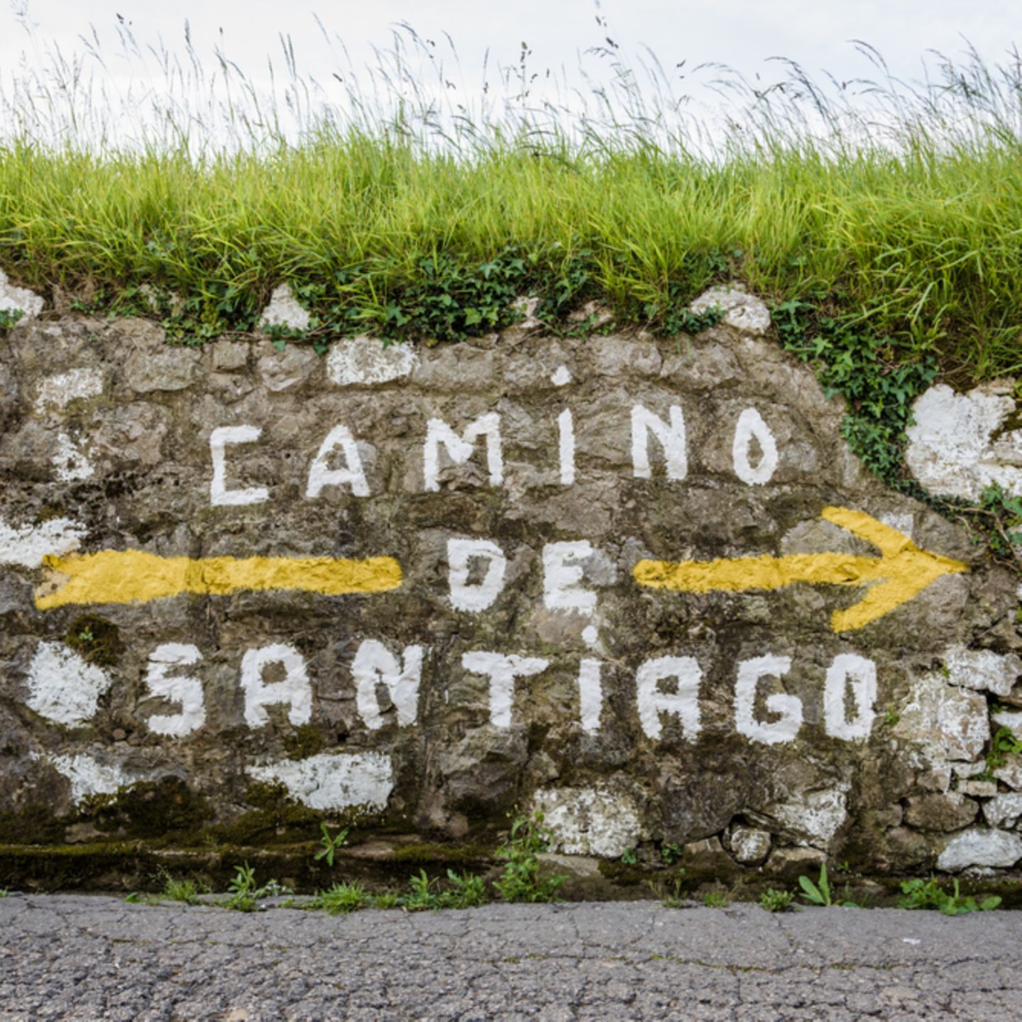10 "Einmal-im-Leben-Trips", die du gemacht haben solltest: Steinwand mit der Aufschrift "Camino de Santiago"
