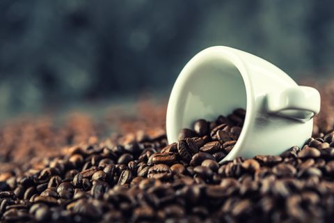 Mahlgrad für Kaffee: Weiße Tasse liegt auf einem Haufen aus Kaffeebohnen
