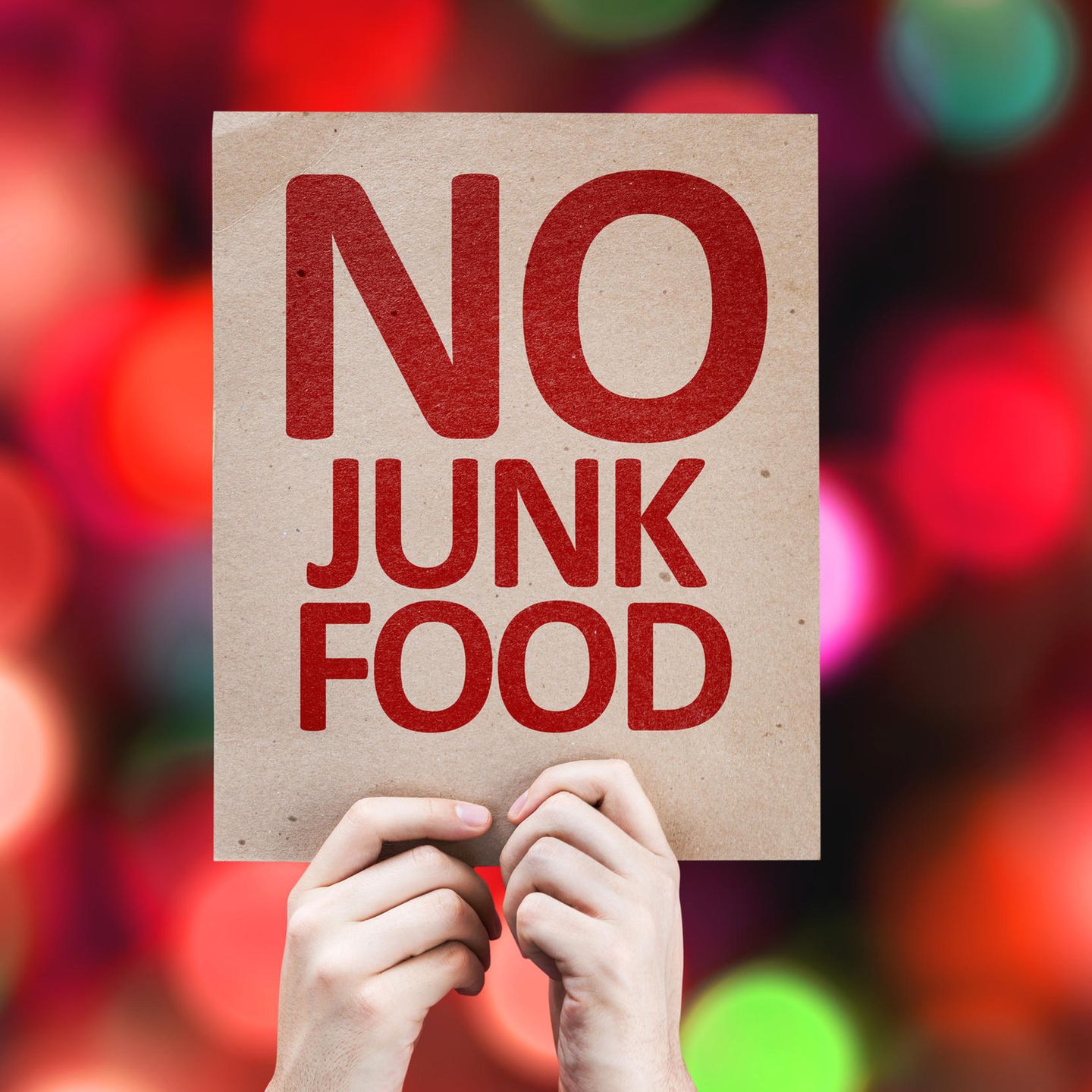 Goodbye Fast Food und Softdrinks: Schild mit No-Junk-Food-Schriftzug