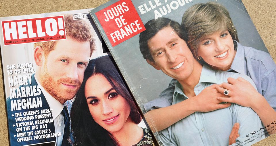 Prinz Harry und Herzoign Meghan sowie Prinz Charles und Prinzessin Diana auf Magazin-Covern