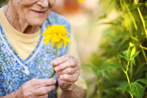 Lebensweisheiten von Hundertjährigen: Eine Hundertjährige mit einer gelben Blume in der Hand
