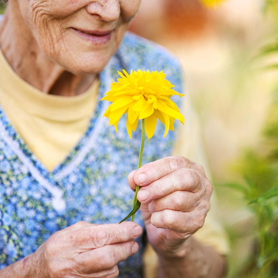 Lebensweisheiten von Hundertjährigen: Eine Hundertjährige mit einer gelben Blume in der Hand