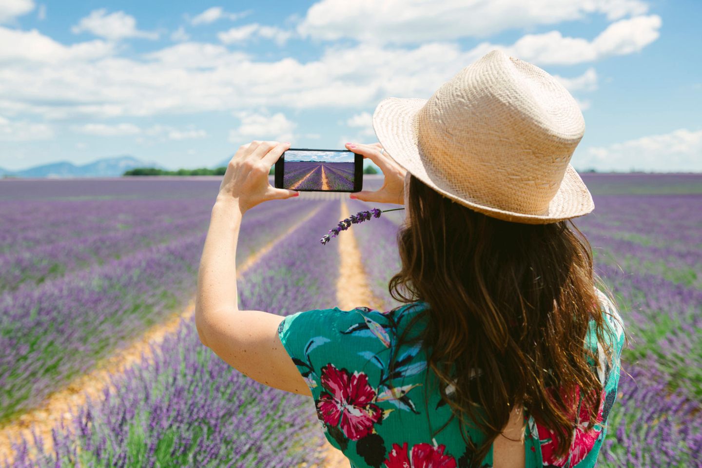 Fünf Tipps für tolle Bilder mit dem Smartphone! – Frau fotografiert Lavendelfelder