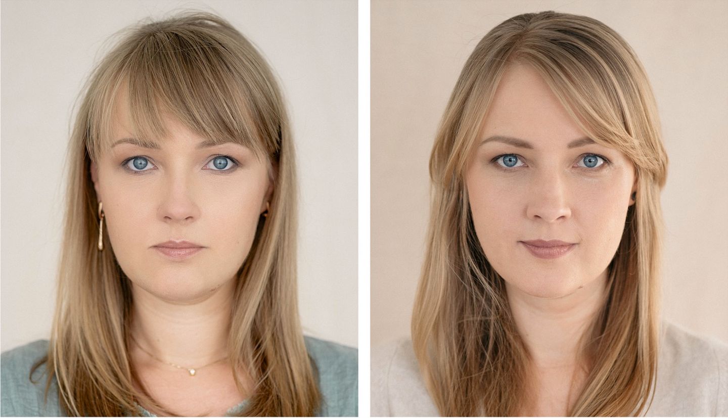 Gesichtsvergleich: Frau blickt in Kamera