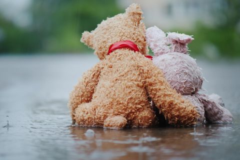 Trennung trotz Liebe: Zwei Teddys sitzen im Regen