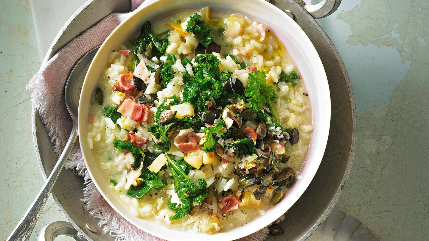 Risotto mit Grünkohl, Speck und Birne