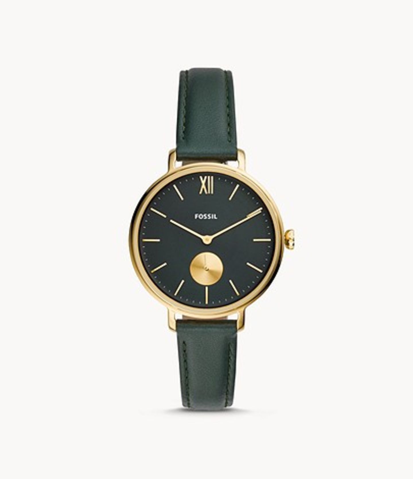 Lederband, goldfarbenes Gehäuse, schwarzes Ziffernblatt – diese Uhr ist nicht nur ultra elegant, sondern auch noch super trendy. Von Fossil, um 119 Euro.