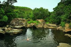 Drakensberge: Südafrika-Safari mal anders Drakensberge: Südafrika-Safari mal anders: Frau schwimmt in Wasserloch