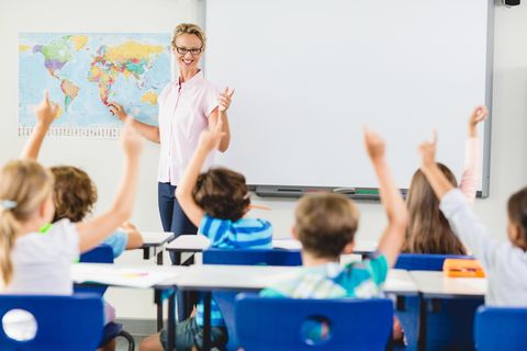 Grundschullehrer: Eine junge Lehrerin unterrichtet eine Grundschulklasse