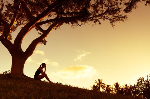 Baumhoroskop: Eine Frau sitzt bei Sonnenuntergang unter einem Baum