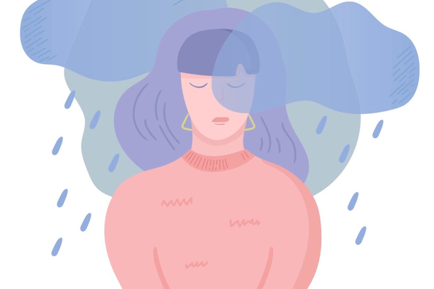 Horoskop: Illustration einer traurigen Frau mit Regenwolke über dem Kopf