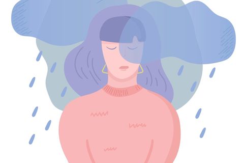 Horoskop: Illustration einer traurigen Frau mit Regenwolke über dem Kopf