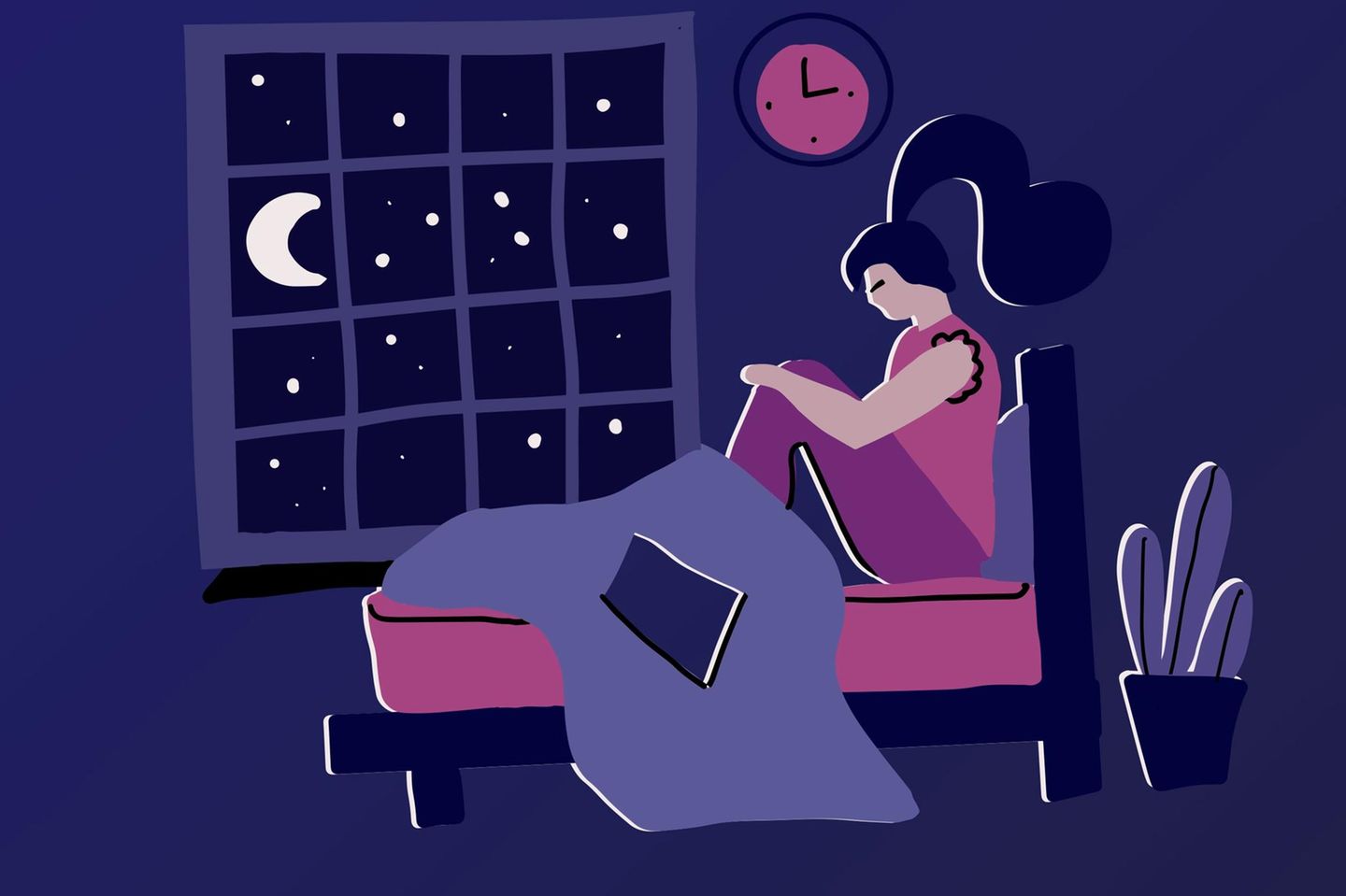 Horoskop: Eine Frau sitzt auf ihrem Bett und leidet unter dem Mond (Illustration)