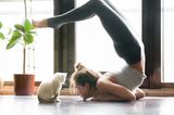 Eine Frau macht Yoga mit einer Katze