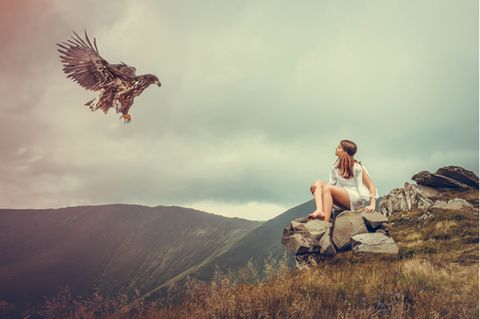 Krafttiere: Frau sitzt auf einem Berg und ein Adler fliegt auf sie zu