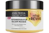 John Frieda liefert mit der neuen Tiefenreparatur-Serie Rehab + Revive eine Rundumpflege für extrem geschädigtes, überbeanspruchtes Haar. Die Balsam-Masque bietet intensive Reparatur und nährende Tiefenpflege. Für etwa 7 Euro erhältlich.