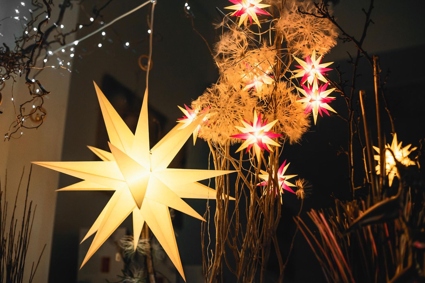 Weihnachtssterne basteln: Weihnachtsstern, leuchtender Stern hängt im Fenster, DIY-Weihnachtsstern