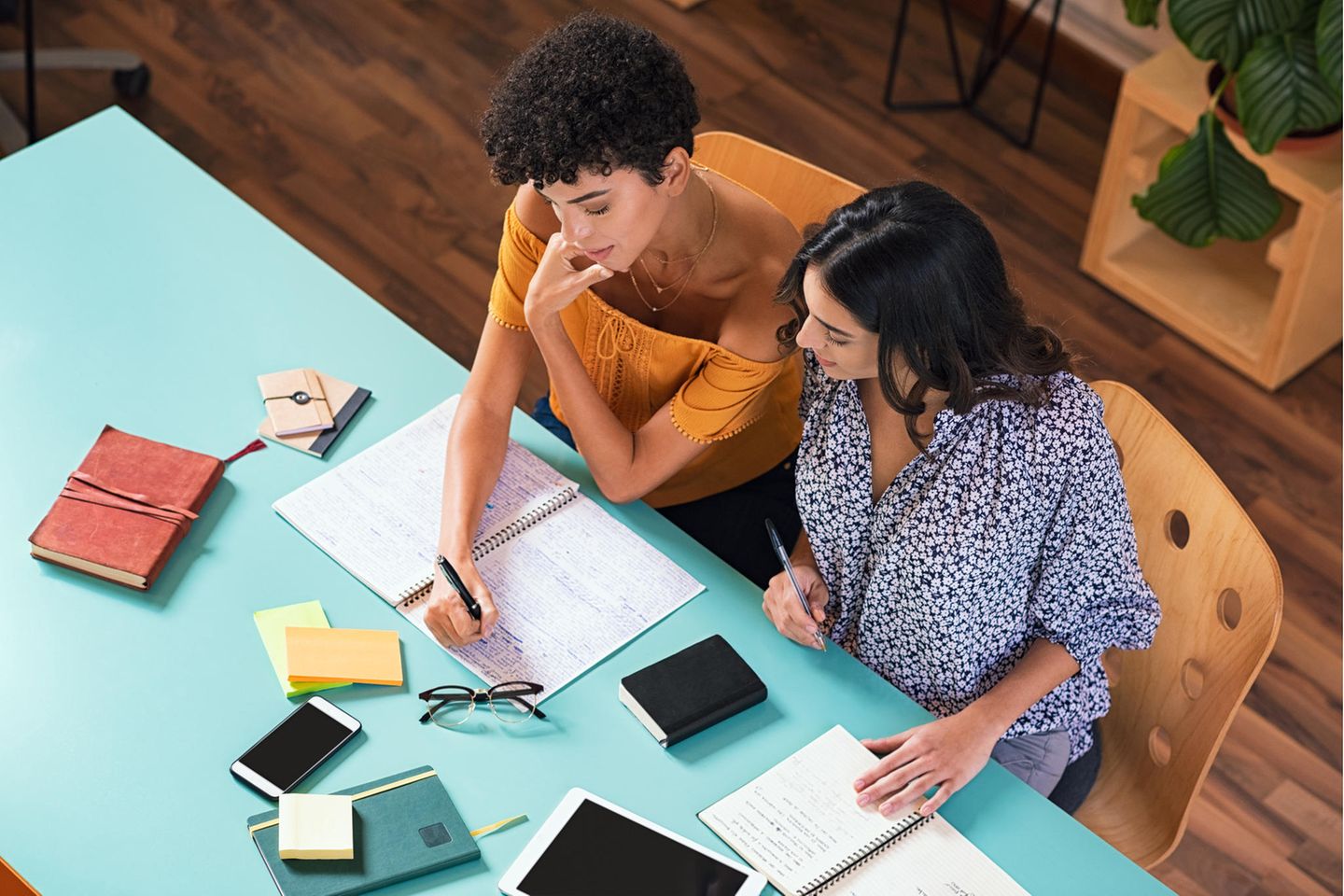 Visual learner type: Two women sit at the table and study.