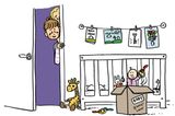 Mütter Comics: Baby im Kinderbett
