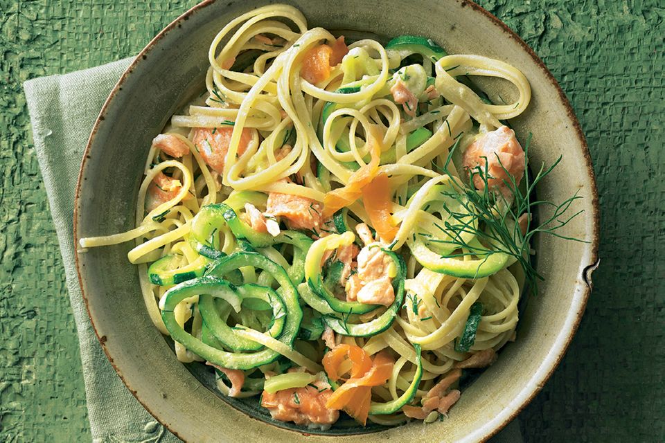 Zucchini linguine with two types of salmon