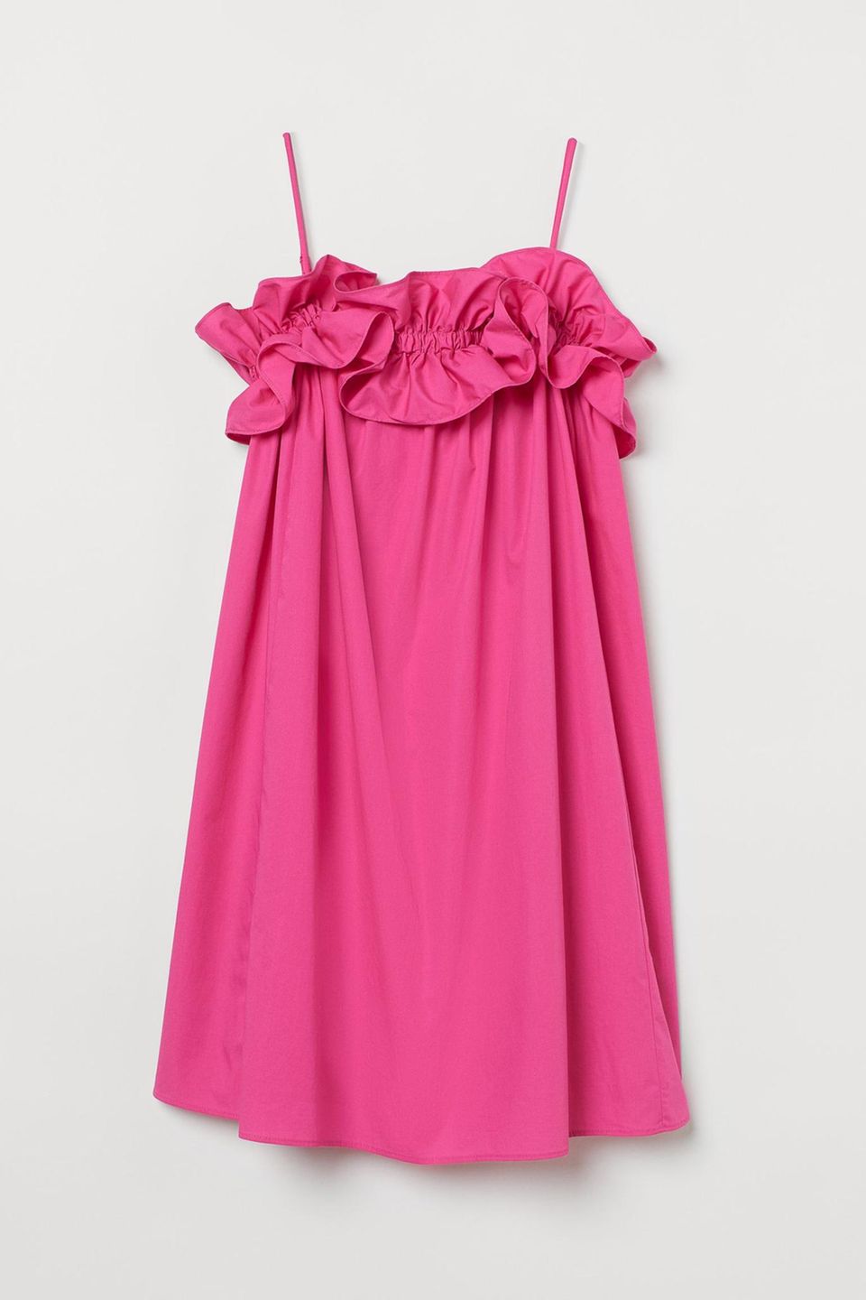 Diese Farbe macht sofort gute Laune: Das quietschpinke Kleid mit Volant am Dekolleté der H&M-Nachhaltigkeitslinie "Conscious" schreit einfach Sommer. Kostet ca. 20 Euro.