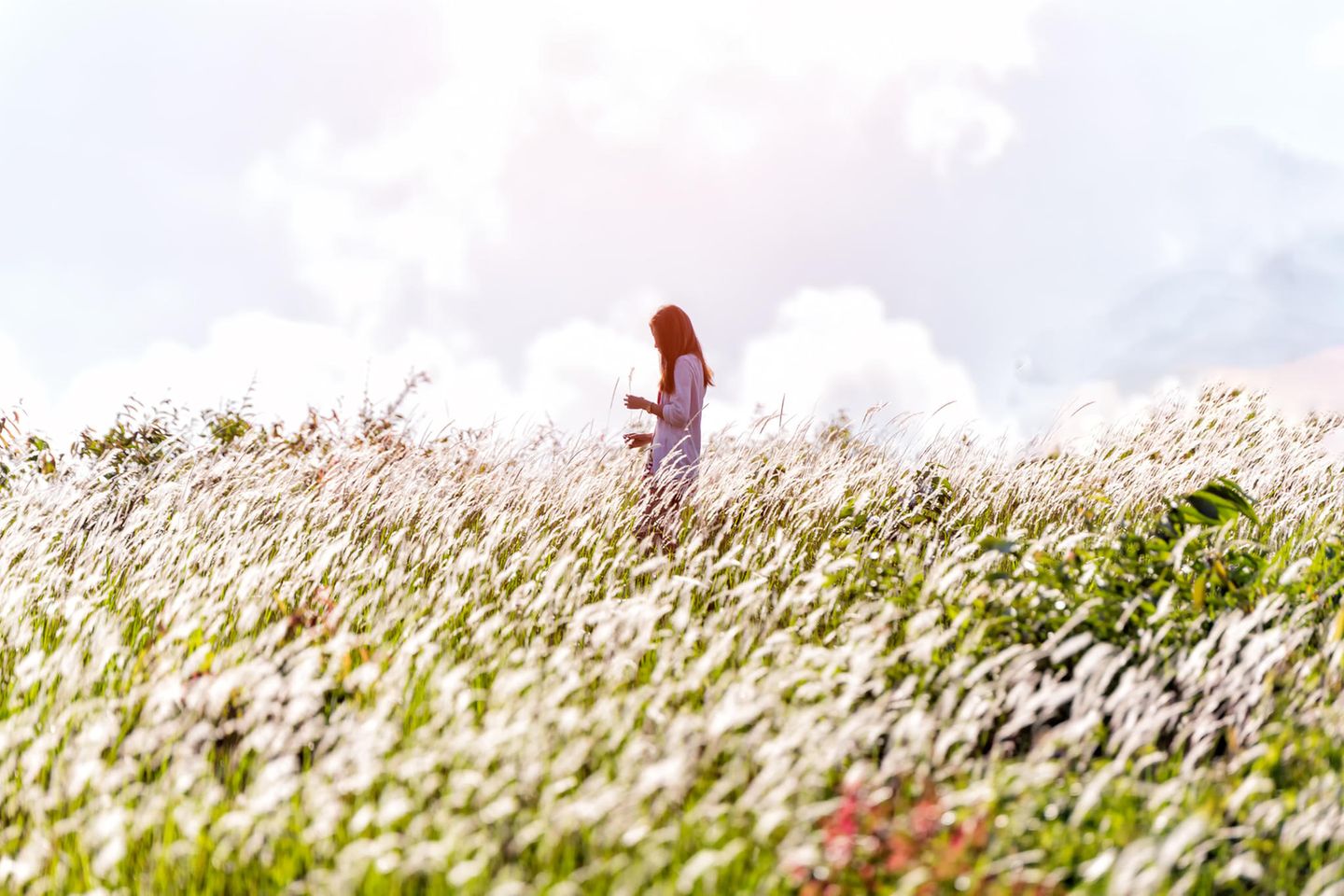 Psychologie: Eine Frau steht auf einer Blumenwiese und grübelt