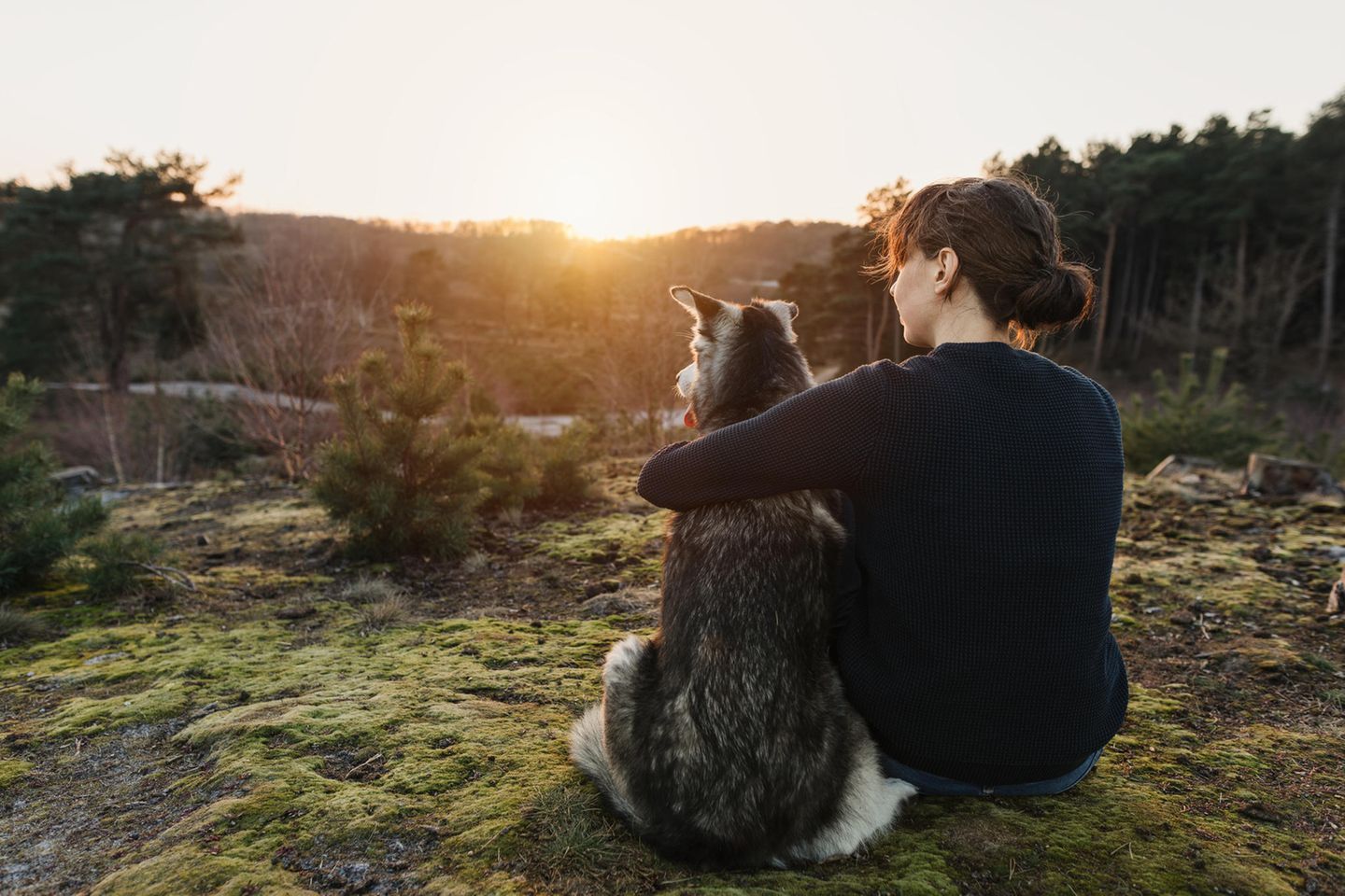 Psychologie: Eine Frau sitzt mit ihrem süßen Hund im Wald