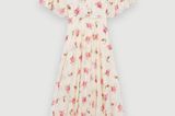 Eine günstigere Blümchenkleid-Alternative haben wir beim französischen Label Maje gefunden. Auch hier besticht das Dress aus recyceltem Polyester mit einem tiefen V-Ausschnitt und akzentuierten Schultern, kostet ca. 180 Euro. 