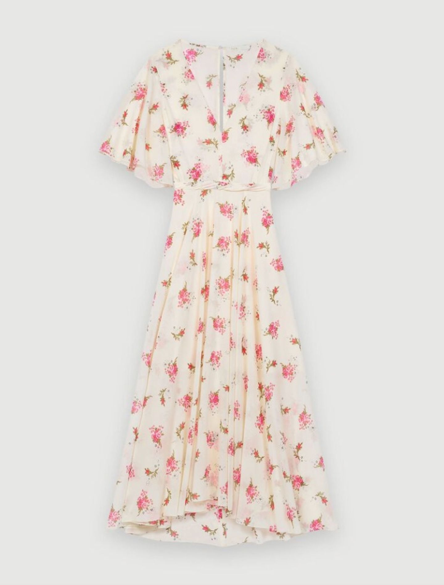 Eine günstigere Blümchenkleid-Alternative haben wir beim französischen Label Maje gefunden. Auch hier besticht das Dress aus recyceltem Polyester mit einem tiefen V-Ausschnitt und akzentuierten Schultern, kostet ca. 180 Euro. 