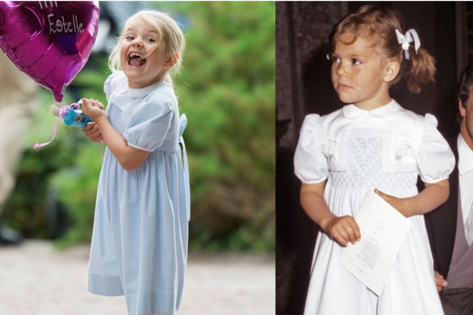Auch Prinzessin Estelle kommt in den Genuss von aufbewahrter Kleidung. Die kleine Prinzessin trug im Juli 2016 ein Kleid von Mama Victoria. Und hat sichtlich Spaß damit: Sie posiert in dem hellblauen Kleidchen deutlich fröhlicher als ihre Mutter. 