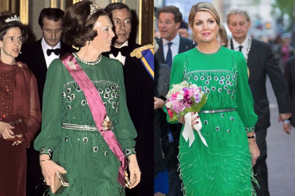 Für ihren Besuch im "Koninklijk Theater Carré" in Amsterdam bediente sich Königin Máxima am Kleiderschrank von Schwiegermutter und wählte eine grüne Robe mit Franzen und Stickereien. Obwohl ein paar kleine Änderungen an Taille und Kragen vorgenommen wurden, steht der Partnerlook beiden ausgezeichnet. 