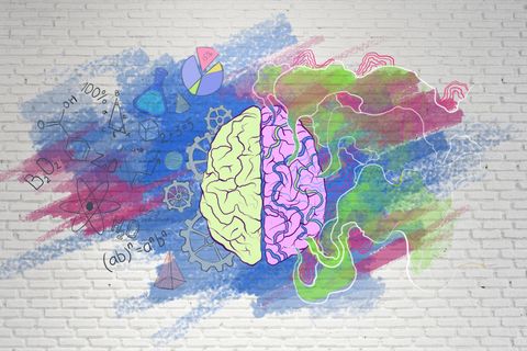 Welcher Teil deines Gehirns dominiert deine Wahrnehmung? Linke Hirnseite mit Formeln, rechte mit bunten Farben.