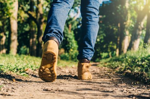 Björn Krause: Eine Person in Jeans und braunen Stiefeln geht durch den Wald