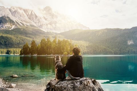 Psychologie: Eine Frau mit ihrem Hund vor einem See
