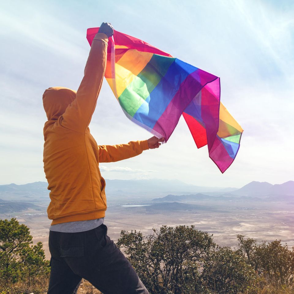 Ein Mann auf einem Hügel schwenkt die LGBTIQ+-Fahne