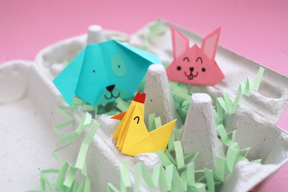 Origami-Tiere: Huhn, Hase und Hund