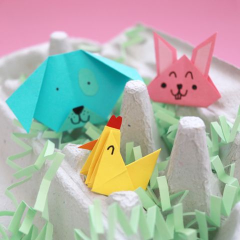 Origami-Tiere: Huhn, Hase und Hund